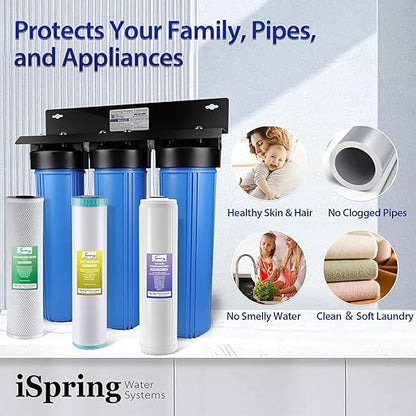 iSpring WGB32B-KDS+AHPF12MNPT16X2 Whole House Water Filtration System, Reduces Lead, Scale, Chlorine, Chloramine, 3-Stage Whole House Water Filter w/ 3/4'' Push-Fit Stainless Steel Hose Connectors