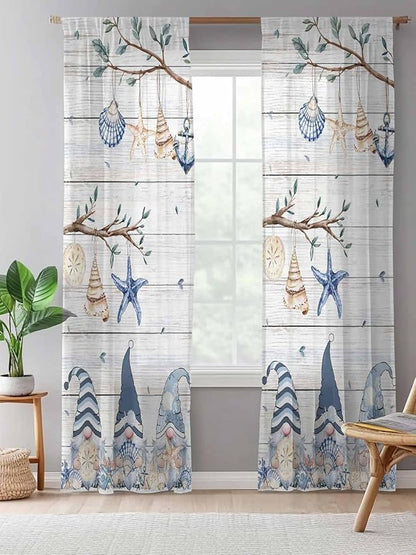 Sheer Curtains 84 Inches Long, Coastal Eucalyptus Semi Sheer Curtains Light Filtering Window Treatment, Ocean Blue Gnomes Starfish Leaf Wood Grain Privacy Voile Drapes for Living Room 52x84 Inch