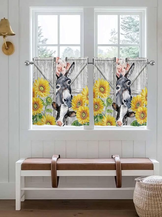 Farmhouse Half Window Curtains 24 Inches Long, Watercolor Sunflowers Animals Printed Wood Grain Window Treatment Curtain Drapes, Short Curtains Tiers for Kitchen Over Sink, 27.5"x24", 2 Panels