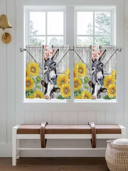 Farmhouse Half Window Curtains 24 Inches Long, Watercolor Sunflowers Animals Printed Wood Grain Window Treatment Curtain Drapes, Short Curtains Tiers for Kitchen Over Sink, 27.5"x24", 2 Panels