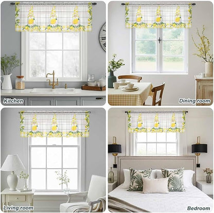 Lemon Dwarfs Sheer Valance Curtains, Gnome Green Leaf Wood Striped Yellow Plaid Light Filtering Kitchen Valances Rod Pocket Voile Curtain Window Treatment for Bedroom/Living Room/Basement 42Wx12L