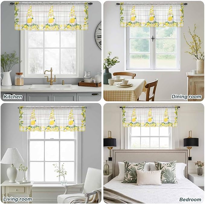 Lemon Dwarfs Sheer Valance Curtains, Gnome Green Leaf Wood Striped Yellow Plaid Light Filtering Kitchen Valances Rod Pocket Voile Curtain Window Treatment for Bedroom/Living Room/Basement 42Wx18L