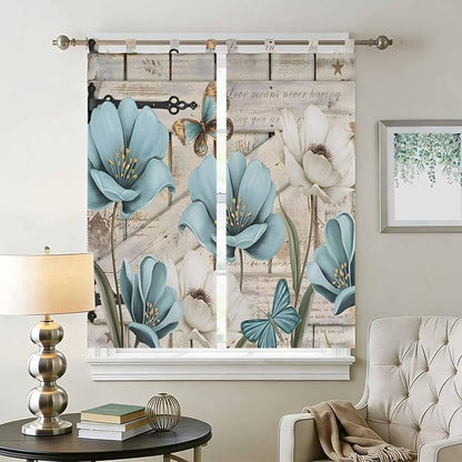 Teal Blue Tulips Bedroom Curtains 72 Inch Length, Window Curtains Tab Top, Spring Floral Barn Doors Vintage Wood Beige Light Filtering Window Treatments Drapes 52"x72" 2 Panel