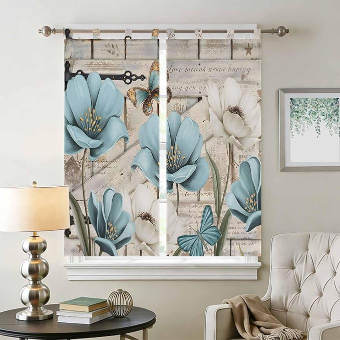 Teal Blue Tulips Bathroom Curtains 63 Inch Length, Window Curtains Tab Top, Spring Floral Barn Doors Vintage Wood Beige Light Filtering Window Treatments Drapes 52"x63" 2 Panel