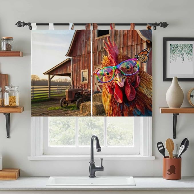 Farm Rooster Kitchen Curtains 45 Inch Length, Short Cafe Window Curtains Tab Top, Farmhouse Barn Funny Animals Butterfly Light Filtering Window Treatments Tier Drapes 27.5"x45" 2 Panel