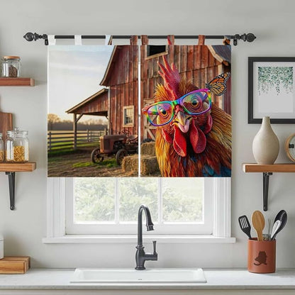 Farm Rooster Bedroom Curtains 63 Inch Length, Window Curtains Tab Top, Farmhouse Barn Funny Animals Butterfly Light Filtering Window Treatments Drapes 42"x63" 2 Panel