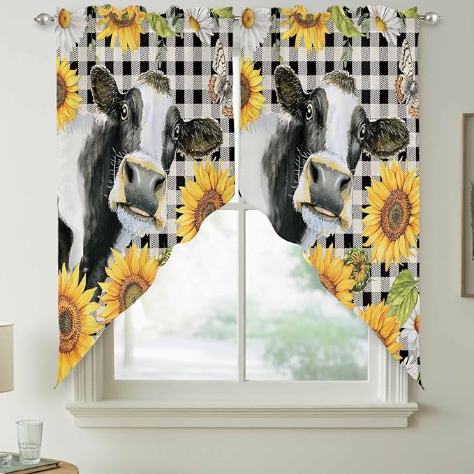 Retro Sunflowers Swag Valances for Windows, Farmhouse Floral Cow Butterfly Black Plaid Rod Pocket Kitchen Curtains Valance, Kitchen Window Curtains Swag for Cafe Living Room, 2 Panels, 36x63 inch