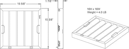 Captive Aire Systems Stainless Steel Restaurant Hood Filter, (16" high x 16" wide)