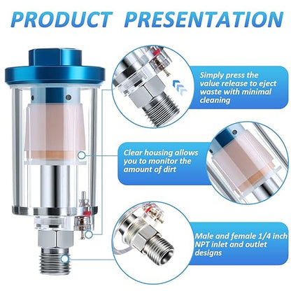 Mudder 14 Pcs Compressed Air Filter Water Oil Separator 1/4 Inch NPT Inlet and Outlet Airbrush Filter Moisture Separator for Air Line Compressor Fitting, 90 PSI