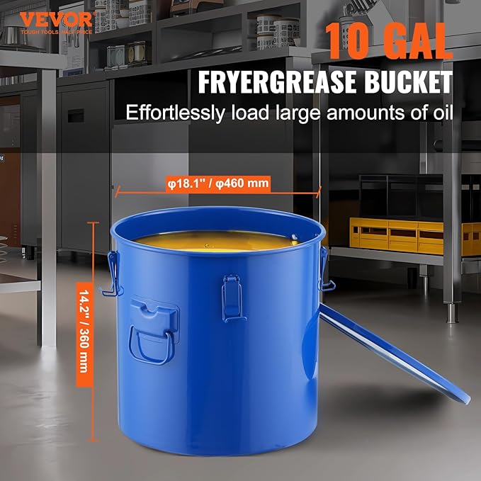 VEVOR Fryer Grease Bucket, 8 Gal Oil Disposal Caddy Carbon Steel Fryer Oil Bucket with Rust-Proof Coating, Oil Transport Container with Lid, Lock Clips, Filter Bag for Hot Cooking Oil Filtering