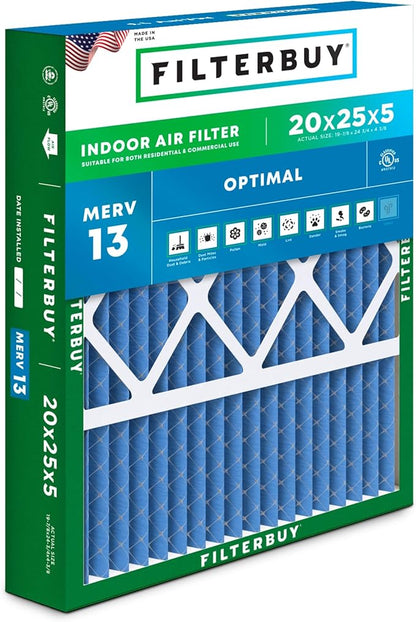 Filterbuy 20x25x5 Air Filter MERV 13 Optimal Smoke & Allergy Defense (1-Pack), Pleated HVAC AC Furnace Filters for Honeywell FC100A1037, Lennox X6673, and More (Actual Size: 19.88 x 24.75 x 4.38)