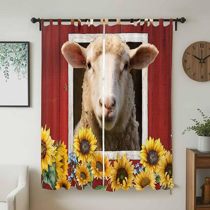 Sheep Sunflower Living Room Curtains 96 Inch Length, Window Curtains Tab Top, Country Red Farm Barn Spring Flowers Light Filtering Window Treatments Drapes 52"x96" 2 Panel