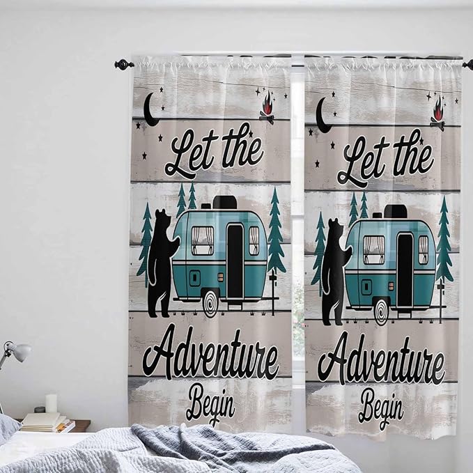 Farmhouse Bear Camper Van Tree Window Valance Curtains, Vintage Wood Grain Light Filtering Kitchen Valance with 3-inch Rod Pocket for Living Room Bathroom Bedroom,2 Panel,52x72In