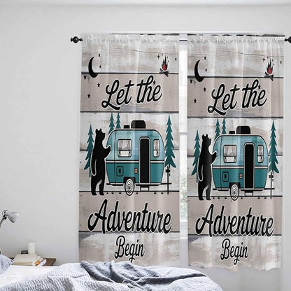 Farmhouse Bear Camper Van Tree Window Valance Curtains, Vintage Wood Grain Light Filtering Kitchen Valance with 3-inch Rod Pocket for Living Room Bathroom Bedroom,2 Panel,52x72In