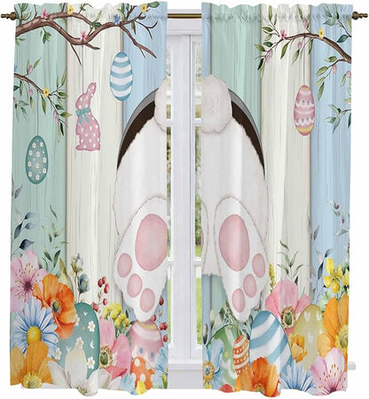 Easter Window Curtains 63 Inch Long 2 Panel Set, Rod Pocket Bedroom Curtains & Drapes, Spring Watercolor Bunny Eggs Wood Grain Teal Blue Light Filtering Window Treatment for Living Room 42"W x 63"L