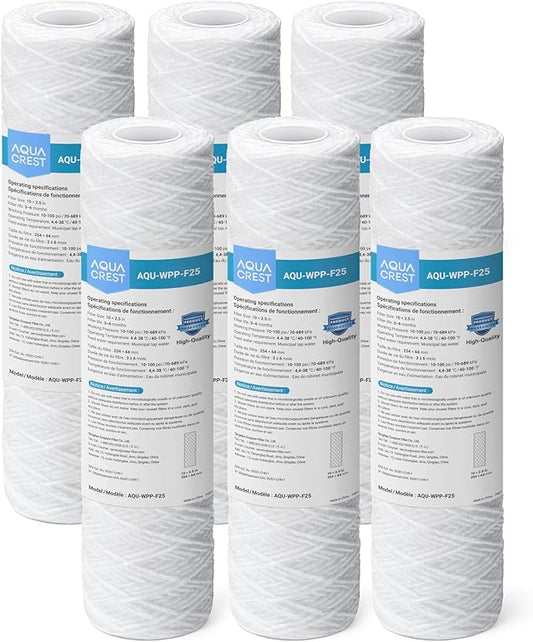 AQUA CREST AP110 5 Micron 10"x2.5" String Wound Whole House Water Filter Replacement for 3M® Aqua-Pure AP110, Culligan® P5, APEC, GE FXUSC, Whirlpool®, Any 10" x 2.5" Home Water Filter, Pack of 6