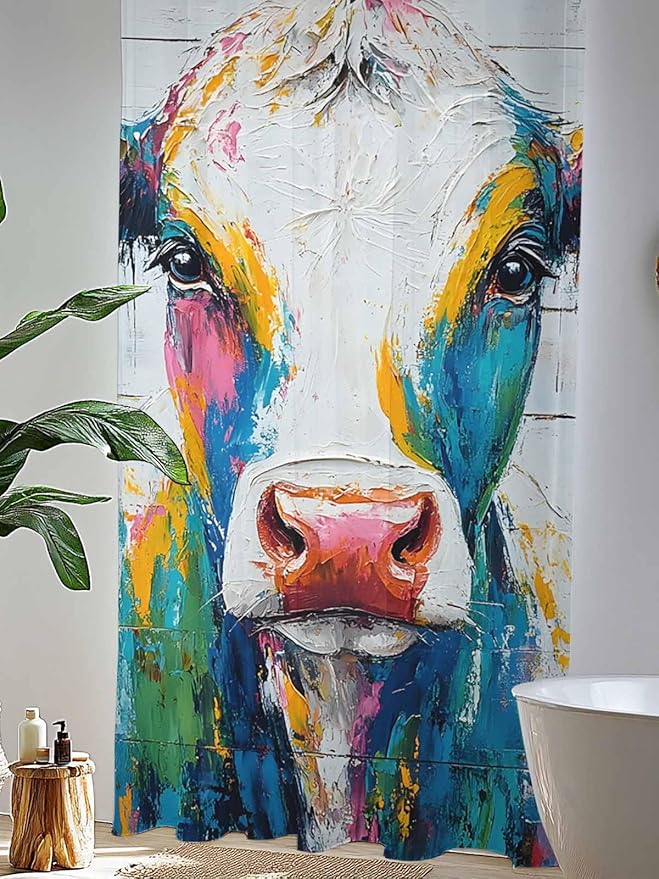 Sheer Curtains 96 Inches Long, Farmhouse Oil Painting Semi Sheer Curtains Light Filtering Window Treatment, Colorful Cow Animal Wooden Grain Privacy Voile Drapes for Living Room Bedroom 52x96 Inch