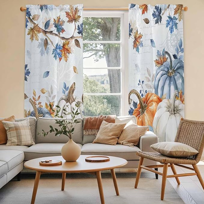 Fall Blue Maple Window Curtains 72 Inch Long 2 Panel Set,Rod Pocket Long Curtains & Drapes,Thanksgiving Pumpkins Daisy Country Leaves Window Treatment for Bedroom Living Room 52"W x 72"L