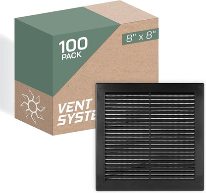 Vent Systems 10'' x 10'' Inch Black Soffit Vent Cover - Pack of 100 - Flat Square Air Vent Louver - Grille Cover - Built-in Insect Screen - HVAC Vents for Bathroom, Home Office, Kitchen 10x10 Inch