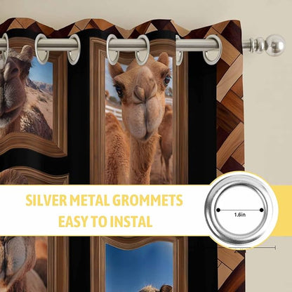 2 Panel Kitchen Cafe Curtains, Desert Camels Sunlight Filtering Nature Air Through, Home Decor Window Covering Tier Curtains for Living Room 55W x 39L inch Brown Wildlife Farmhouse Animals Rustic