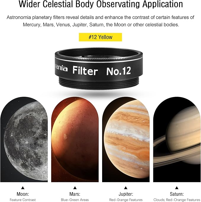Astromania Telescope Filter, Planetary Filter with Metal Frame for Astronomical Telescope Eyepiece, 1.25 Inch Telescope #12 Yellow Color Filter for Enhancing Contrast in Lunar Planetary Observation
