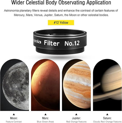 Astromania Telescope Filter, Planetary Filter with Metal Frame for Astronomical Telescope Eyepiece, 1.25 Inch Telescope #12 Yellow Color Filter for Enhancing Contrast in Lunar Planetary Observation