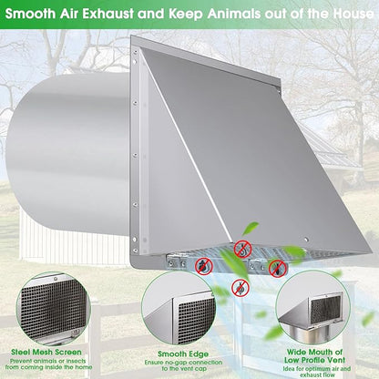 10 Inch Wall Vent Exhaust Vent Cover,Hooded Wall Vent with Screen and Damper,Outdoor Wall Exhaust Vent Cap Exterior Air Vent Cover for Kitchen Range Hood HVAC Duct Dryer Ventilation, Stainless Steel