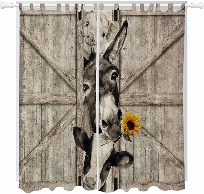 Funny Farm Animals Living Room Curtains 96 Inch Length, Window Curtains Tab Top, Vintage Barn Brown Sunflowers Light Filtering Window Treatments Drapes 52"x96" 2 Panel