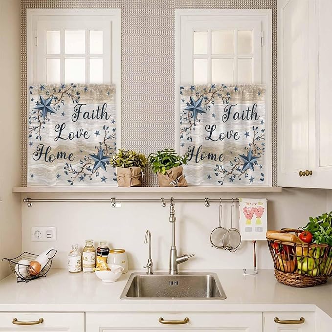 Vintage Country Kitchen Curtains Set 3 Piece for Windows,Rod Pocket Valance and Tier Set 36 Inch Length,Blue Rustic Texas Star Vines Wooden Grain Light Filtering Cafe Curtains for Living Room