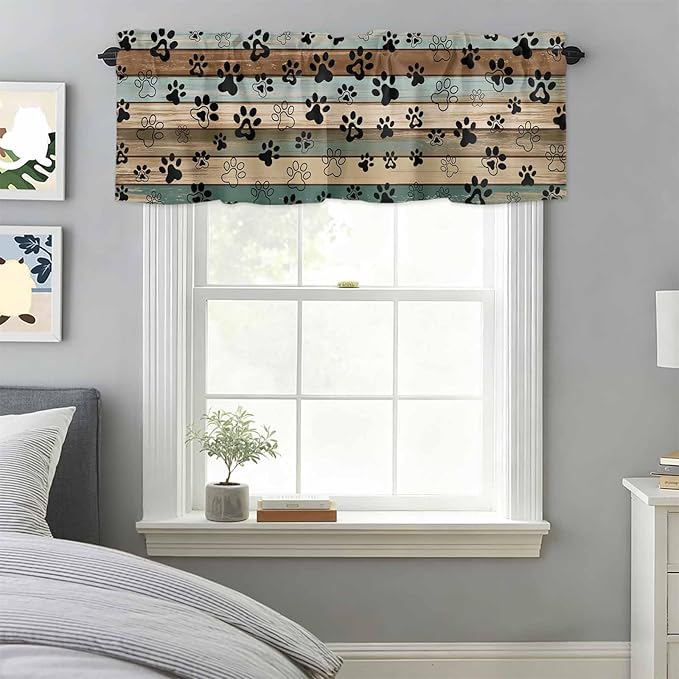 Dog Paws Valances for Windows, Teal Brown Wood Grain Kitchen Valance Light Filtering Rod Pocket Short Curtains for Kitchen Bathroom, 1 Panel, 42"x18"