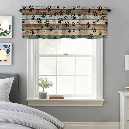 Dog Paws Valances for Windows, Teal Brown Wood Grain Kitchen Valance Light Filtering Rod Pocket Short Curtains for Kitchen Bathroom, 1 Panel, 42"x12"