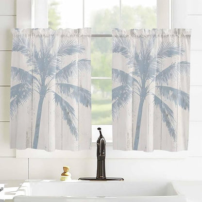 Summer Coconut Tree on Vintage Wood Grain Window Valance Curtains, Seaside Plants Light Filtering Kitchen Valance with 3-inch Rod Pocket for Living Room Bathroom Bedroom,2 Panel,52x54In