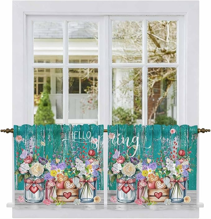 Spring Flowers Tier Curtains, Farmhouse Watercolor Teal Wood Grain Light Filtering Kitchen Curtains, 2Pcs Rod Pocket Half Window Treatments Panels for Sink Cafe Cabinet Camper 27.5x36 Inches
