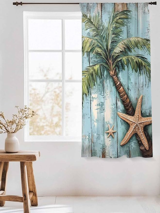 Sheer Curtains 72 Inches Long, Coastal Blue Green Tree Semi Sheer Curtains Light Filtering Window Treatment, Beach Tropical Vintage Wood Grain Privacy Voile Drapes for Living Room Bedroom 52x72 Inch