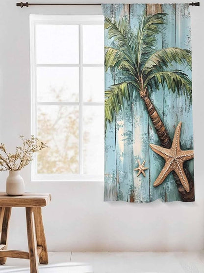 Sheer Curtains 72 Inches Long, Coastal Blue Green Tree Semi Sheer Curtains Light Filtering Window Treatment, Beach Tropical Vintage Wood Grain Privacy Voile Drapes for Living Room Bedroom 52x72 Inch