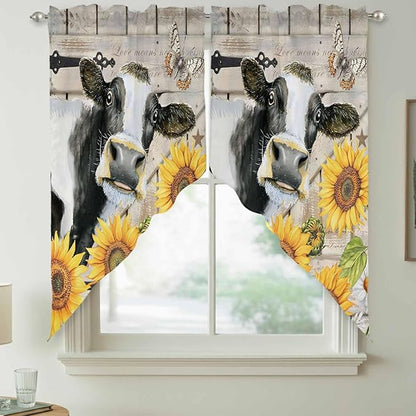 Yellow Sunflowers Swag Valances for Windows, Farmhouse Cow Barn Doors Floral Butterfly Rod Pocket Kitchen Curtains Valance, Small Window Curtains Swag for Cafe Living Room, 2 Panels, 36x36 inch
