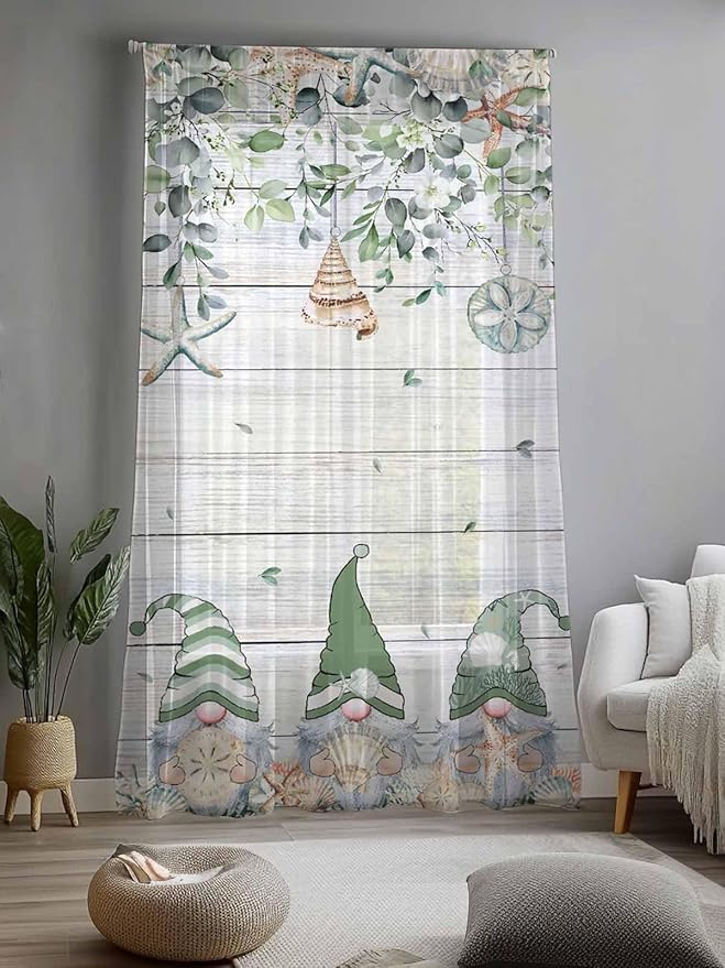 Sheer Curtains 84 Inches Long, Coastal Eucalyptus Leaf Semi Sheer Curtains Light Filtering Window Treatment, Sage Green Gnomes Starfish Privacy Voile Drapes for Living Room Bedroom 52x84 Inch