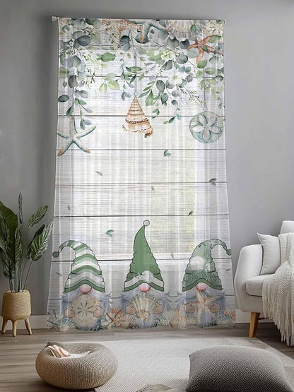 Sheer Curtains 84 Inches Long, Coastal Eucalyptus Leaf Semi Sheer Curtains Light Filtering Window Treatment, Sage Green Gnomes Starfish Privacy Voile Drapes for Living Room Bedroom 52x84 Inch
