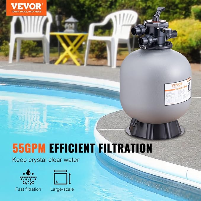 VEVOR 22 Inch Sand Filter, Up to 55 GPM Flow Rate, Above Inground Swimming Pool Sand System with 7-Way Multi-Port Valve, Filter, Backwash, Rinse, Recirculate, Waste, Winter, Closed Functions, Grey