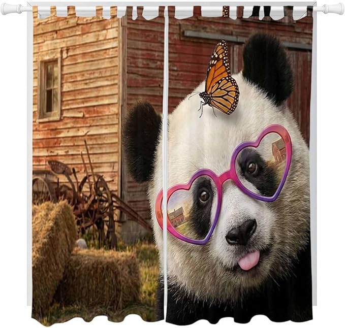 Farm Panda Living Room Curtains 84 Inch Length, Window Curtains Tab Top, Farmhouse Barn Funny Animals Butterfly Light Filtering Window Treatments Drapes 52"x84" 2 Panel