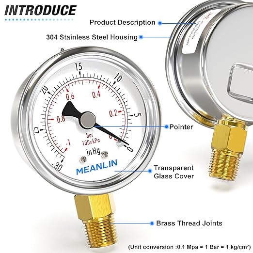 MEANLIN MEASURE -30inHG~0Psi Vacuum Gauge Stainless Steel 1/4" NPT 2" FACE DIAL Waterproof for Air Compressor HVAC Negative Pressure Hand Pump Pool Lower Mount, with 1/2" NPT and 3/8" NPT Hex Bushing