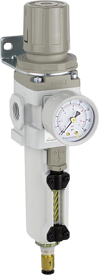 PneumaticPlus SAW300-N03BDG-MEP Compressed Air Filter Regulator Piggyback Combo 3/8" NPT - Metal Bowl, Auto Drain, Bracket, Gauge