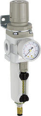 PneumaticPlus SAW300-N03BDG-MEP Compressed Air Filter Regulator Piggyback Combo 3/8" NPT - Metal Bowl, Auto Drain, Bracket, Gauge