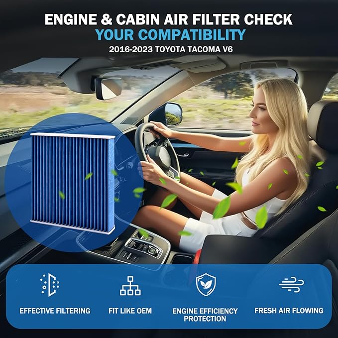 1pc Cabin & 1pc Engine Air Filter Kit Accessories for Toyota Tacoma V6 2016-2022 2023 Activated Carbon Automotive Engine Cabin Air Filter Replacement for CF10374 CA11895