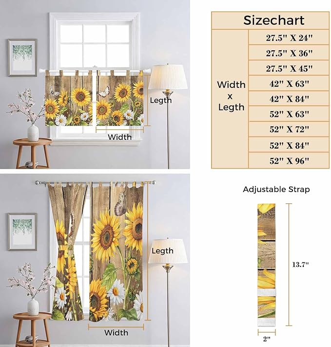 Farmhouse Sunflowers Bedroom Curtains 72 Inch Length, Window Curtains Tab Top, Rustic Floral Buttterfly Wood Board Brown Light Filtering Window Treatments Drapes 52"x72" 2 Panel