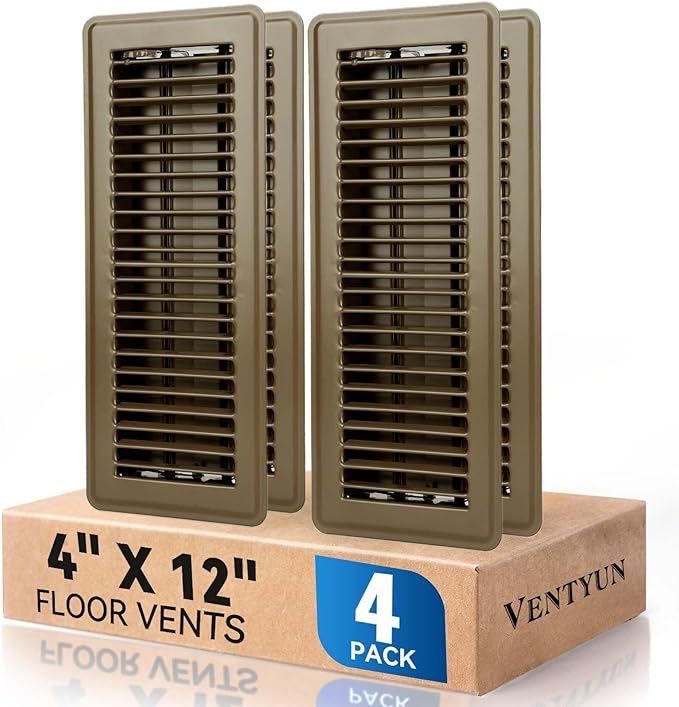 4" x 12" Floor Register Vent Covers 4-Pack, Walkable Powder-Coated Metal Vent Covers with Adjustable Airflow, Curved Safe Edges for Floor/Wall, Brown