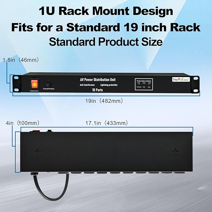 10 NEMA 5-15R Outlet Surge Protector PDU, 120V 15A 3600J 10KA, 1U Rack Mount Power Strip for Network Server Racks, AV Equipment, & More - 14AWG 6ft Cord