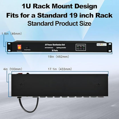 10 NEMA 5-15R Outlet Surge Protector PDU, 120V 15A 3600J 10KA, 1U Rack Mount Power Strip for Network Server Racks, AV Equipment, & More - 14AWG 6ft Cord