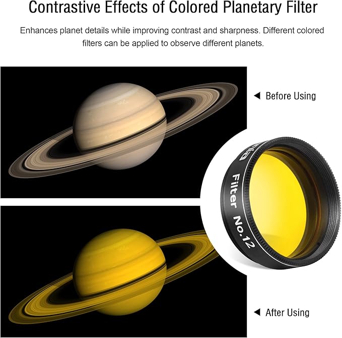 Astromania Telescope Filter, Planetary Filter with Metal Frame for Astronomical Telescope Eyepiece, 1.25 Inch Telescope #12 Yellow Color Filter for Enhancing Contrast in Lunar Planetary Observation