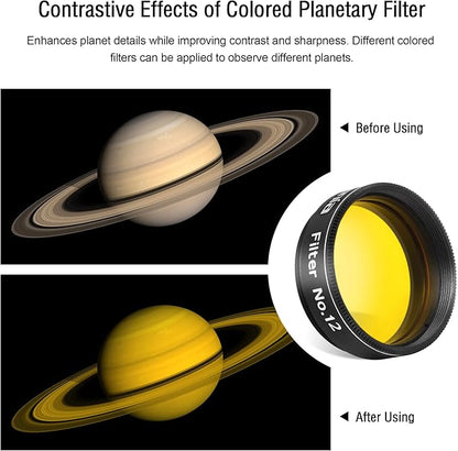 Astromania Telescope Filter, Planetary Filter with Metal Frame for Astronomical Telescope Eyepiece, 1.25 Inch Telescope #12 Yellow Color Filter for Enhancing Contrast in Lunar Planetary Observation